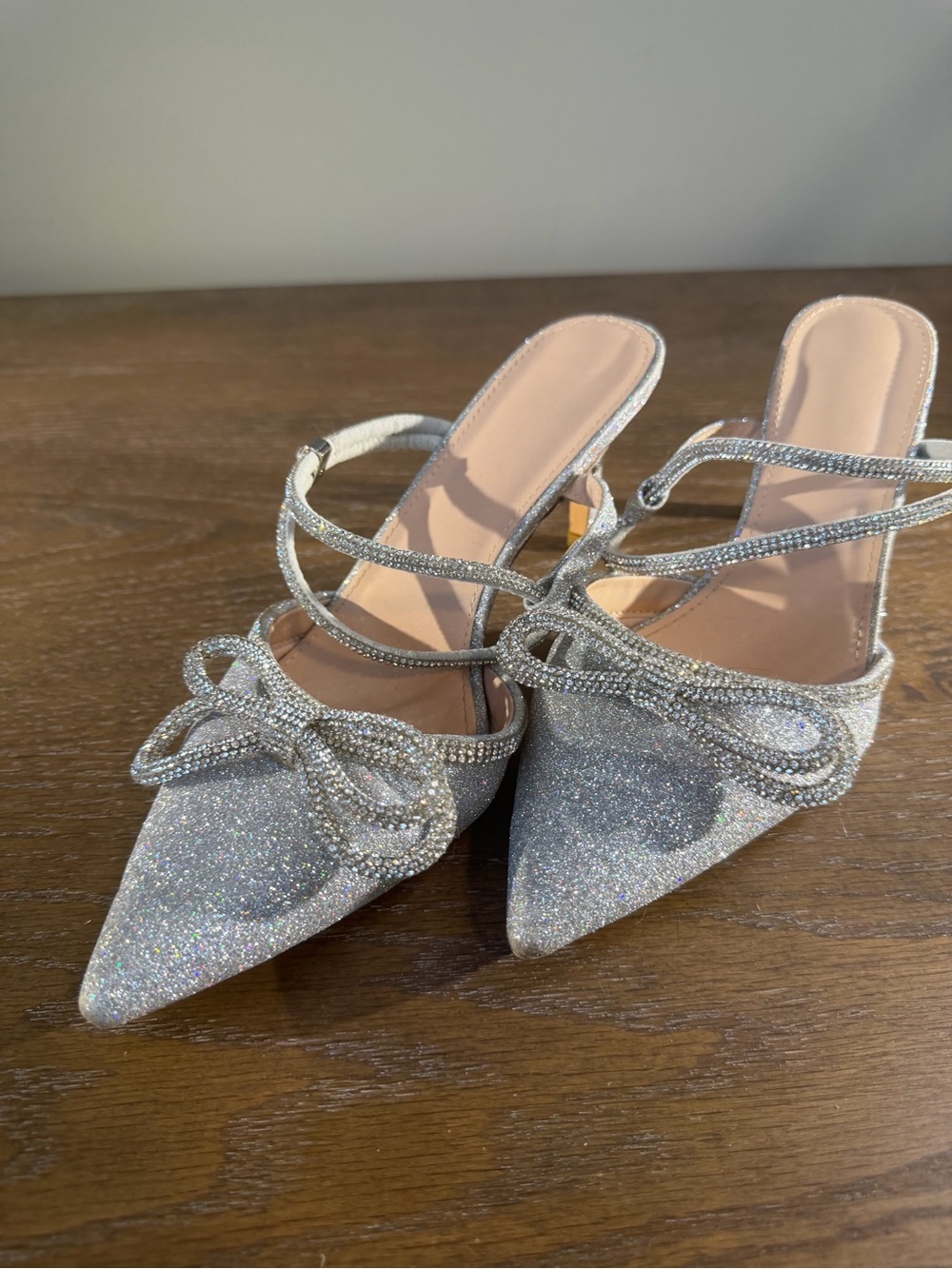 Silver Glitter Pointed-Toe Strappy Mules